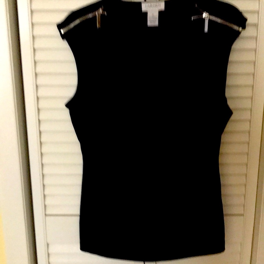 Navy top zipper shoulders drop pleated front